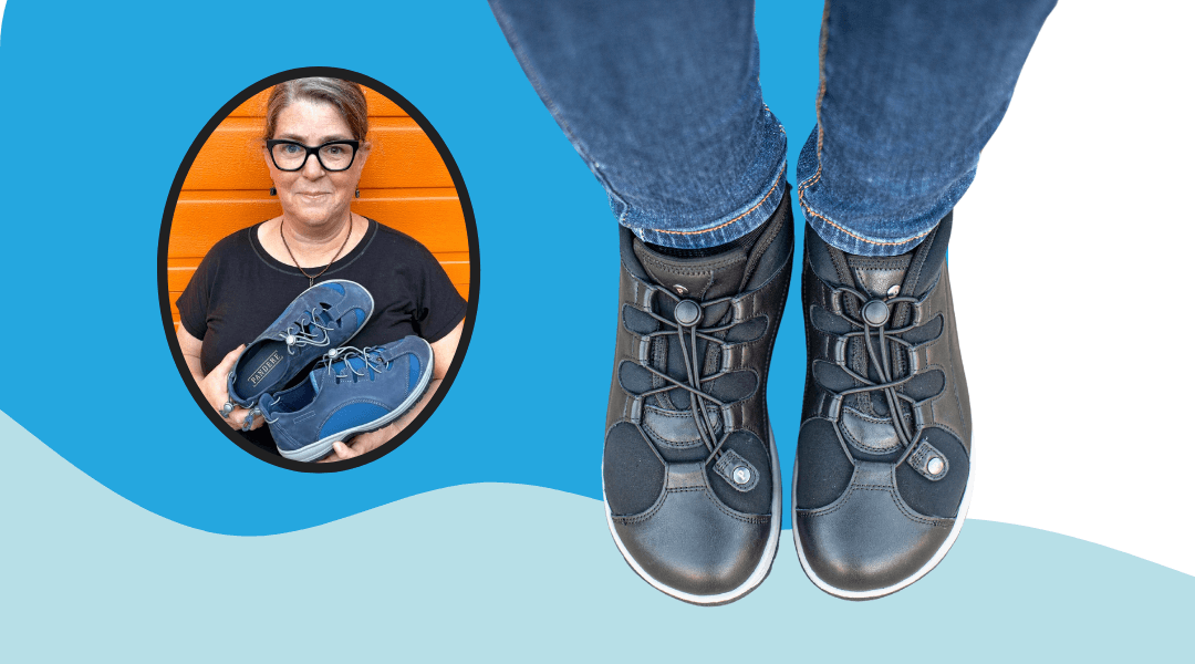 Founder Laura Oden with expandable footwear