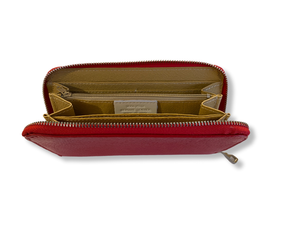 BellaRosa Classic Zip Wallet - open in crimson